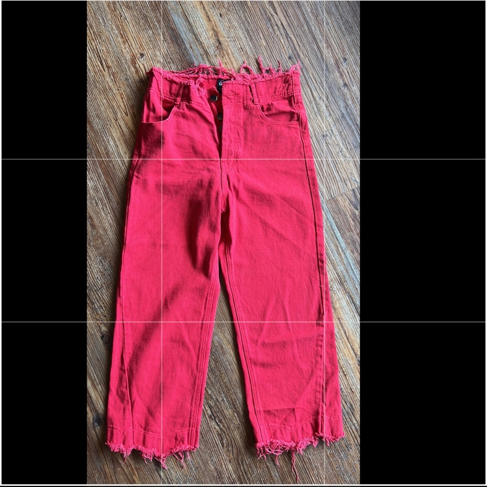 Red distressed high waisted cropped jeans